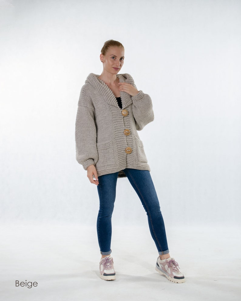 Wool Knitted Cardigan, Chunky Hooded Cardigan, Warm Winter Cardigan With Pockets, Plus Size Clothing, Cozy Knitted Cardigan, Wooden Buttons image 4