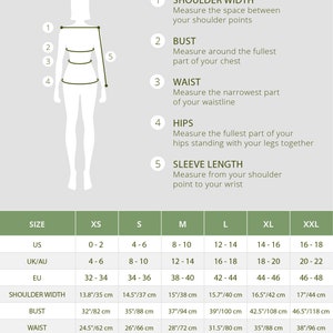 May include: A size chart for clothing with measurements in inches and centimeters. The chart shows sizes from XS to XXL and includes measurements for shoulder width, bust, waist, hips, and sleeve length.
