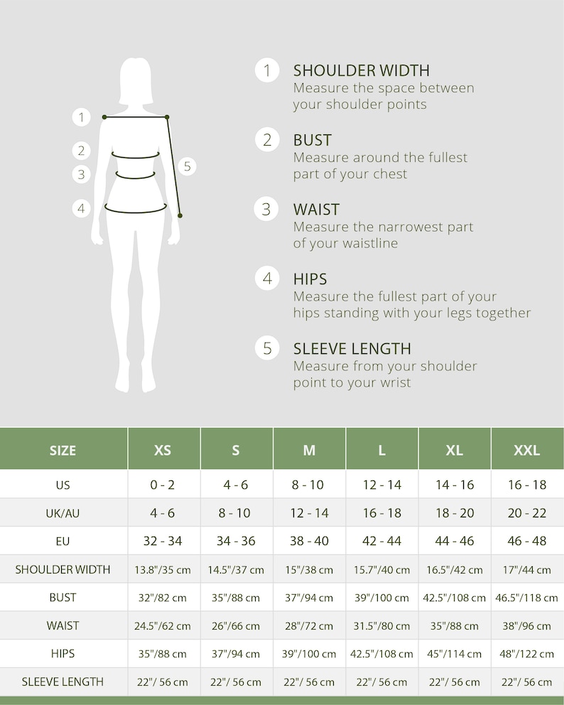 May include: A size chart for clothing with measurements in inches and centimeters. The chart shows sizes from XS to XXL and includes measurements for shoulder width, bust, waist, hips, and sleeve length.