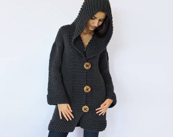 Hooded Knit Cardigan, Merino Wool Hand Knitted Sweater, Women Knit Jacket, Chunky Knit Coat, Big Hood Cardigan, Front Buttons, Plus Size