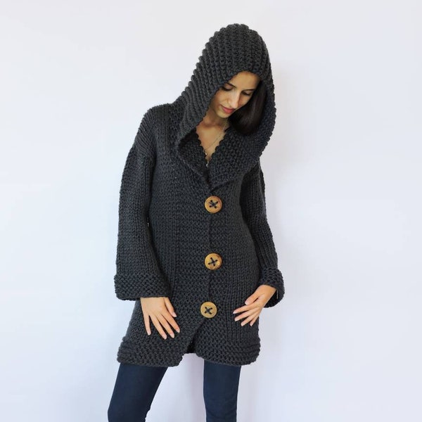 Hooded Knit Cardigan, Merino Wool Hand Knitted Sweater, Women Knit Jacket, Chunky Knit Coat, Big Hood Cardigan, Front Buttons, Plus Size