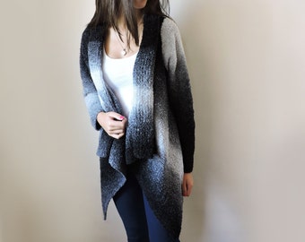 Black and white cozy knit long wool cardigan in plus size