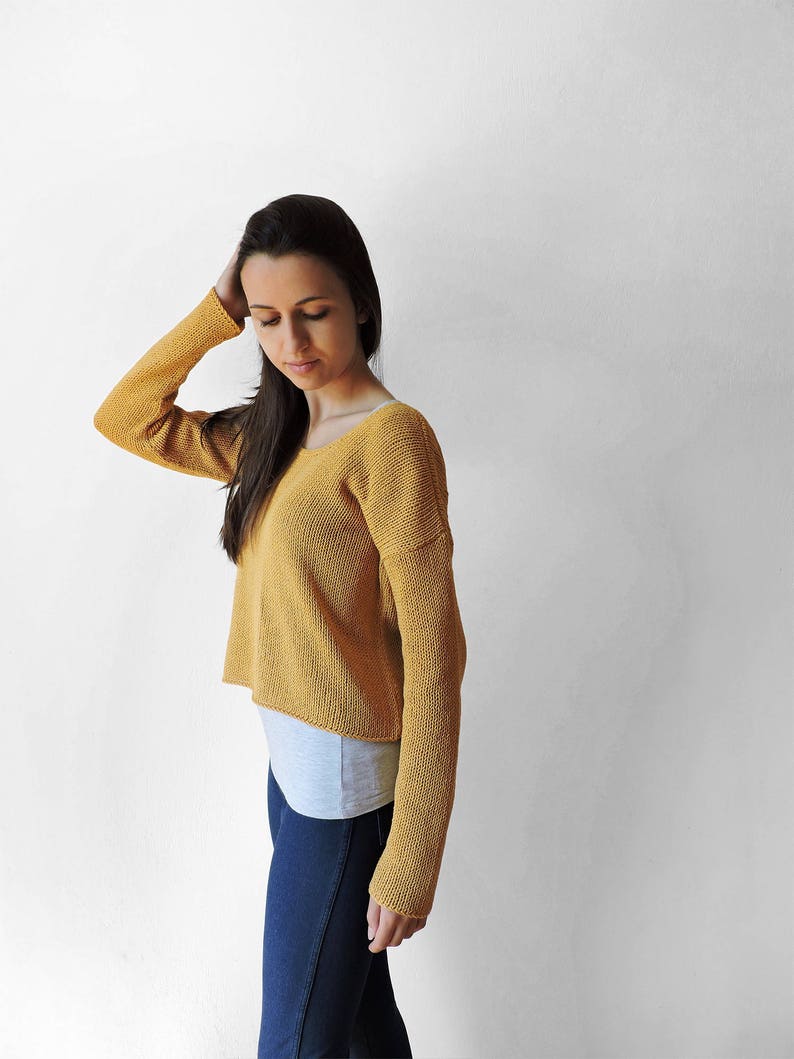 Mustard Yellow Sweater, Women Crop Cardigan, Hand Knit Sweater, Summer Cotton Cardigan, Buttons Sweater, Boho Knit Sweaters, Cozy Cardigan image 7