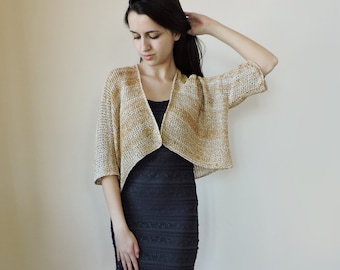 Open Crop Top Cardigan, Knit Crop Cardigan, Boho Knit Bolero, Ochre Ecru Bridal Shrug, Cozy Knit Cardigan, Cotton Cardigan, Autumn Knitwear