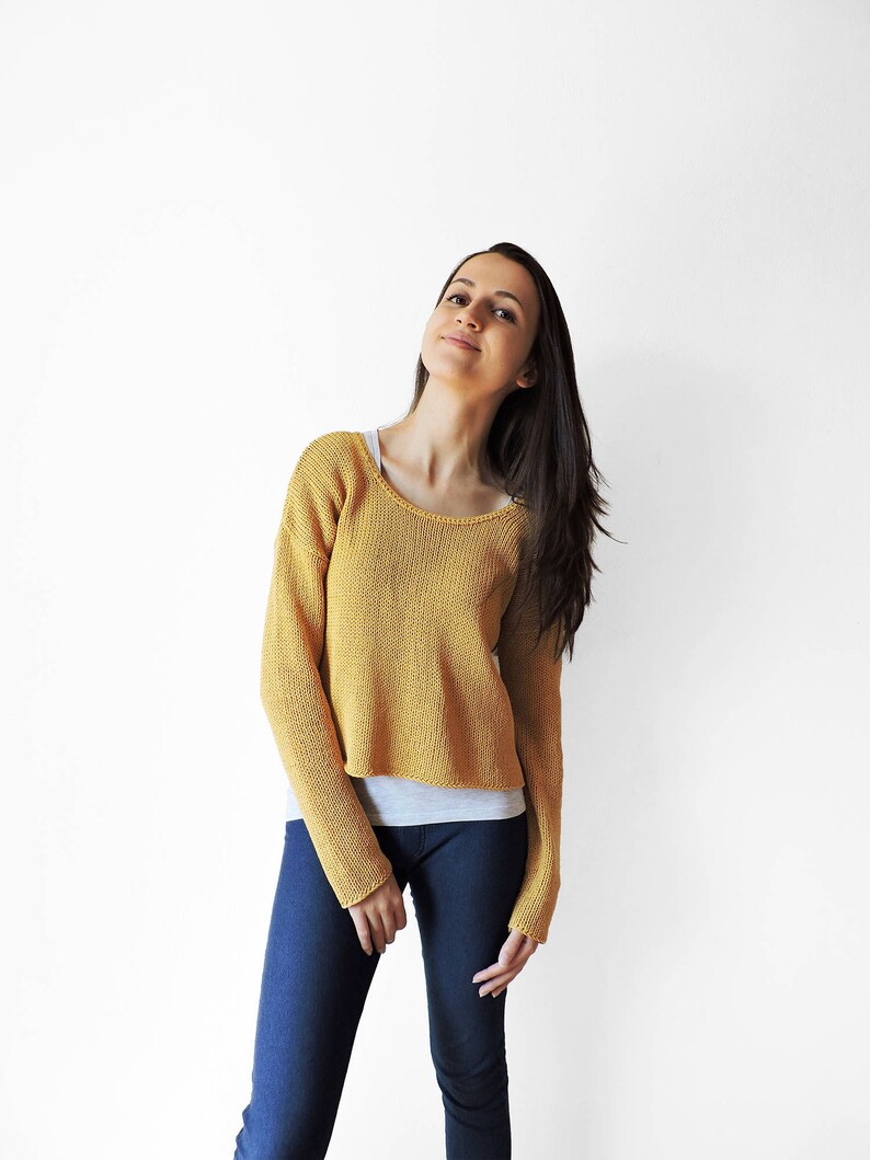 Mustard Yellow Sweater, Women Crop Cardigan, Hand Knit Sweater, Summer Cotton Cardigan, Buttons Sweater, Boho Knit Sweaters, Cozy Cardigan image 6