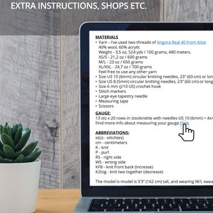 Puede incluir: Una pantalla de computadora port&aacute;til que muestra instrucciones de tejido para un su&eacute;ter. Las instrucciones incluyen los materiales, el calibre, las abreviaturas y el tama&ntilde;o final del su&eacute;ter. El su&eacute;ter est&aacute; hecho con hilo Angora Real 40 de Alize.