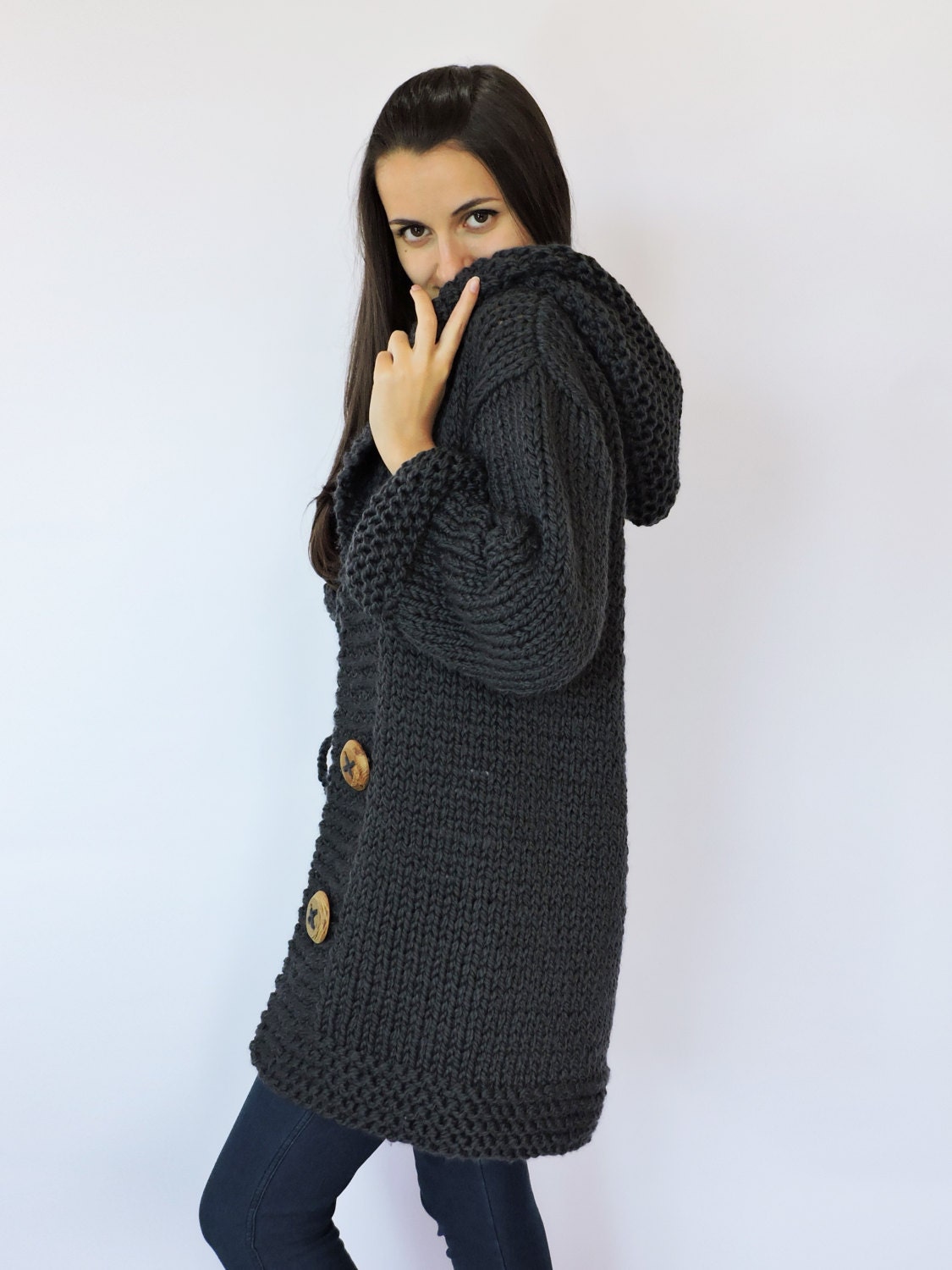 Hand Knitted Wool Hooded Jacket Cardigan Ladies Cut - SD Black Rainbow