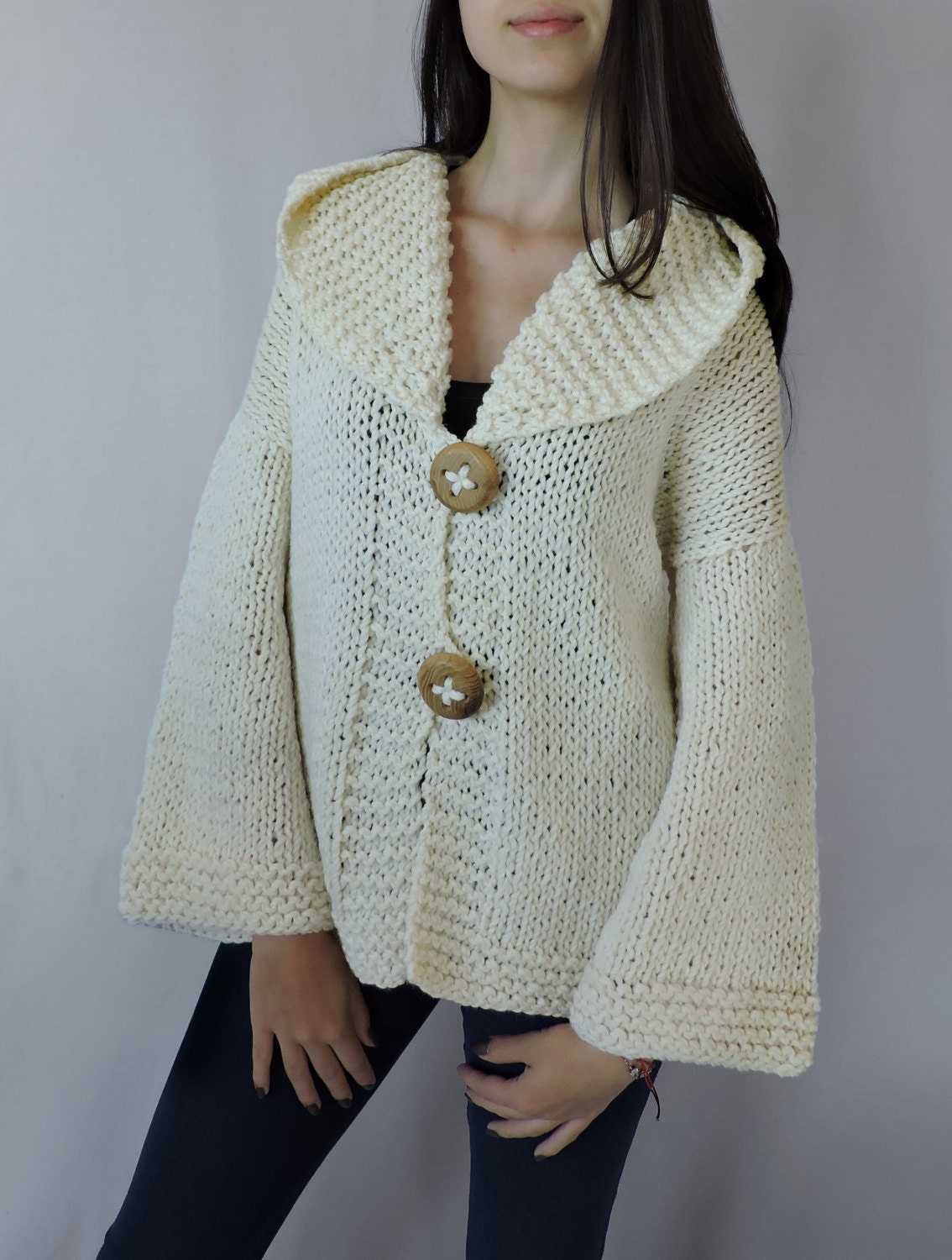 Merino Wool Cardigan, Hooded Knit Jacket, Ivory Wool Knit Hoodie
