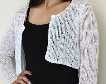 Bolero de novia blanco, estola de boda color marfil, bolero tejido a mano, vestido de novia, chaqueta de punto para dama de honor, bolero de boda de otoño, top corto de punto