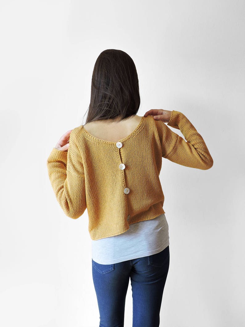 Women's Cotton Cardigan Sweater Open Back Sweater Hand Etsy