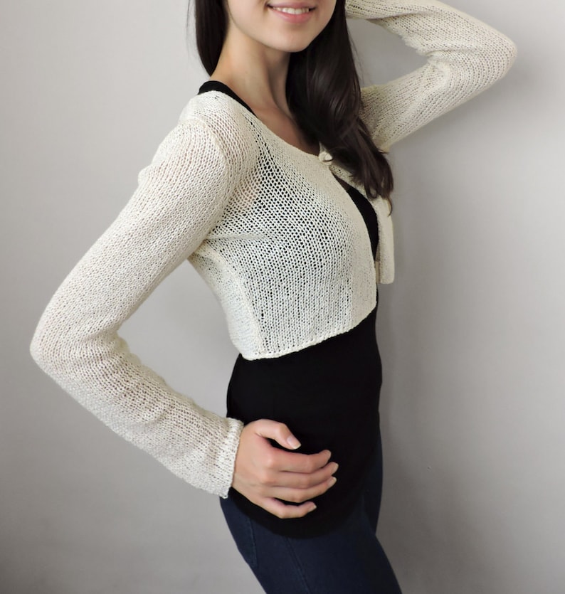 Open Cropped Cardigan, Bridal Crop Bolero, Fall Wedding Shrug, Bridal Cover Up, Hand Knitted Short Cardigan, Cotton Knit Crop Top, Plus Size image 2