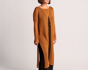 Cotton Blend Knit Maxi Tunic Top, Long Sleeve Knitwear, Lightweight Boho Sweater