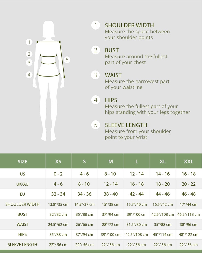 May include: A size chart for clothing with measurements in inches and centimeters. The chart shows sizes from XS to XXL and includes measurements for shoulder width, bust, waist, hips, and sleeve length.