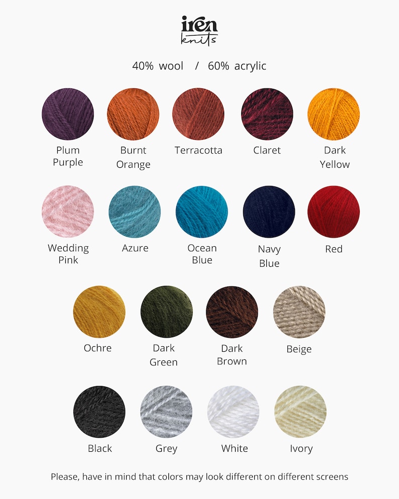 May include: A color chart of yarn samples in various colors, including plum purple, burnt orange, terracotta, claret, dark yellow, wedding pink, azure, ocean blue, navy blue, red, ochre, dark green, dark brown, beige, black, grey, white, and ivory. The yarn is 40% wool and 60% acrylic.