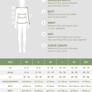 May include: A size chart for clothing with measurements in inches and centimetres. The chart includes sizes XS, S, M, L, XL, and XXL. The measurements include shoulder width, bust, waist, hips, and sleeve length.
