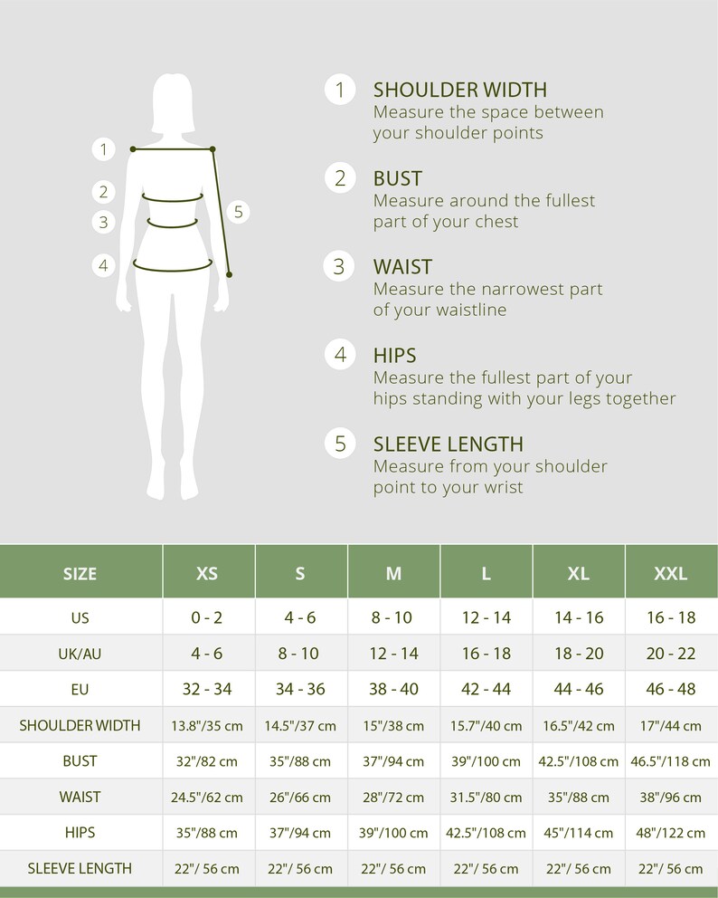May include: A size chart for clothing with measurements in inches and centimetres. The chart includes sizes XS, S, M, L, XL, and XXL. The measurements include shoulder width, bust, waist, hips, and sleeve length.