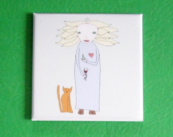 Art Magnet Fridge Refrigerator, Fun, Cute, Emily Woman with Cat and Wine, Decor, Organization, Wedding Favors, Party Favors