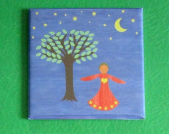 Art Magnet Fridge Refrigerator, Fun, Cute, Girl Dancing Under Tree Moon and Stars, Decor, Organization, Wedding Favors, Party Favors