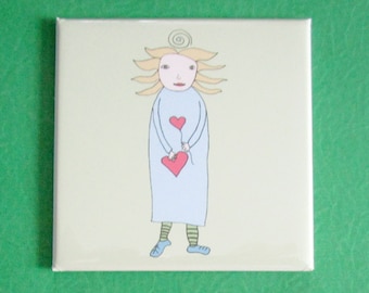 Art Magnet Fridge Refrigerator, Fun, Cute, Green Blue Girl with Hearts, Decor, Organization, Wedding Favors, Party Favors, School Locker