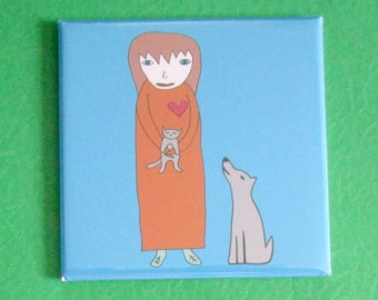 Art Magnet Fridge Refrigerator, Fun, Cute, Girl with Cat and Dog, Decor, Organization, Wedding Favors, Party Favors, School Locker