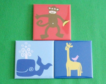 Set of 3 Art Magnet Fridge Refrigerator, Fun Cute, Monkey Whale Giraffe Animals, Decor, Organization, Wedding, Party Favors, School Locker