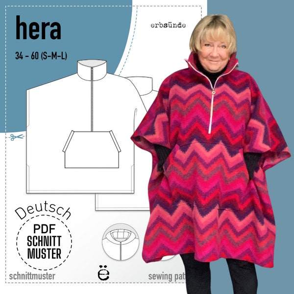 ebook Oversize Cape, Poncho HERA mit Kapuze oder Stehkragen S-M-L (ca. 34-60) - digitales Schnittmuster PDF