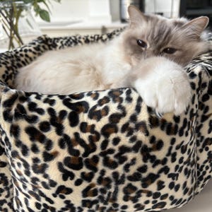 May include: A fluffy cat rests in a round pet bed. The bed has a leopard print pattern in shades of brown and cream. The cat has light-colored fur and is partially visible, with its paw resting on the bed's edge.
