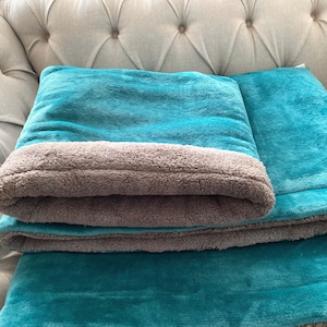 May include: A teal and grey plush throw blanket with a soft, fuzzy texture. The blanket is folded in thirds and is lying on a light grey sofa.
