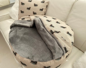 Dachshund Print Dog Bed with Snuggle Pocket, Handmade Linen-Look