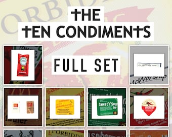 FULL SET- The Ten Condiments - Complete set of 10 A4 screen prints. Wall Art Funny McDonalds Junk Food Sauces Ketchup God BBQ Sugar