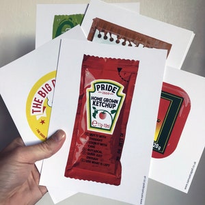 Sete Molhos Mortais - Edição completa do conjunto em tamanho de cartão postal digital. Arte de parede engraçada com molhos de junk food e impressões de açúcar e ketchup