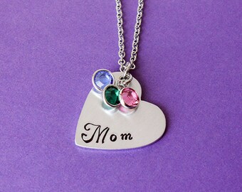 Mother Necklace with Birthstones - Mother's Day - Mom Heart Necklace with Swarovski Crystal Drop Charms - Gift For Mom - Grandma Gift