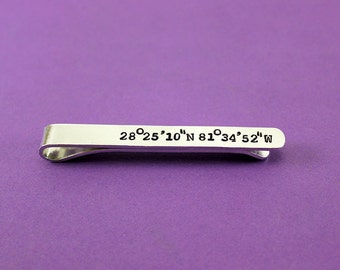 Personalized Coordinate Tie Clip - Custom Longitude Latitude Tie Bar - Gift for Groom - Gift for Husband - Present - Special place