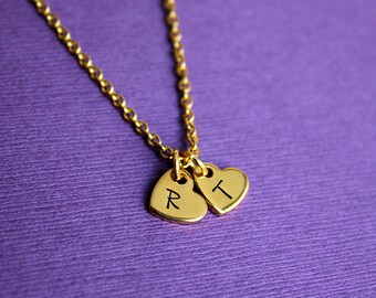 Small Gold Hearts Initials Necklace - Gold Stainless Steel Initial Heart Charm Necklace - Mom Necklace - Kids Initials - Gift for Mom Mother