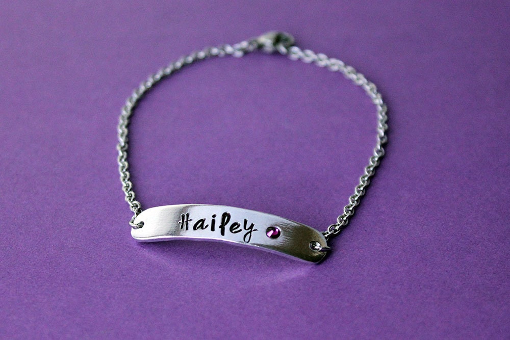 Personalized Name Plate Bracelet With Birthstone Custom Etsy