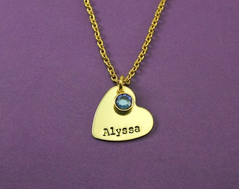 Personalized Gold Heart Necklace - Gold Toned Heart Name Birthstone Necklace - Little Girl Gift - Tween girl - Teen girl - Flower Girl gift