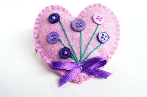 Heart ornament felt,with button flowers, handmade, Birthday, Valentine's day gift, Wedding, home decor, Christmas ornament, violet