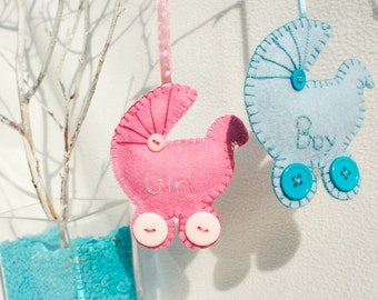 Personalized Felt Pram Ornament, Baby Shower Keepsake, newborn present
