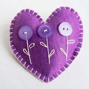 Heart ornament felt, set of 3, button flowers and lace, Valentine's day, violet, purple, pink, Christmas, Birthday, Wedding, , home decor image 2
