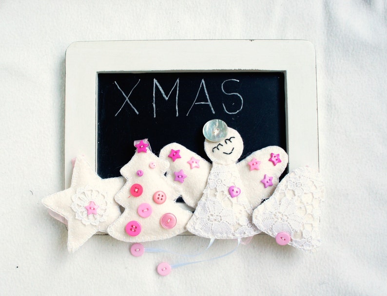 Christmas felt ornament, set of 4, lace, vintage, shabby elegance, white, pink, Christmas tree, angel, star, bell, Christmas tree ornament image 1