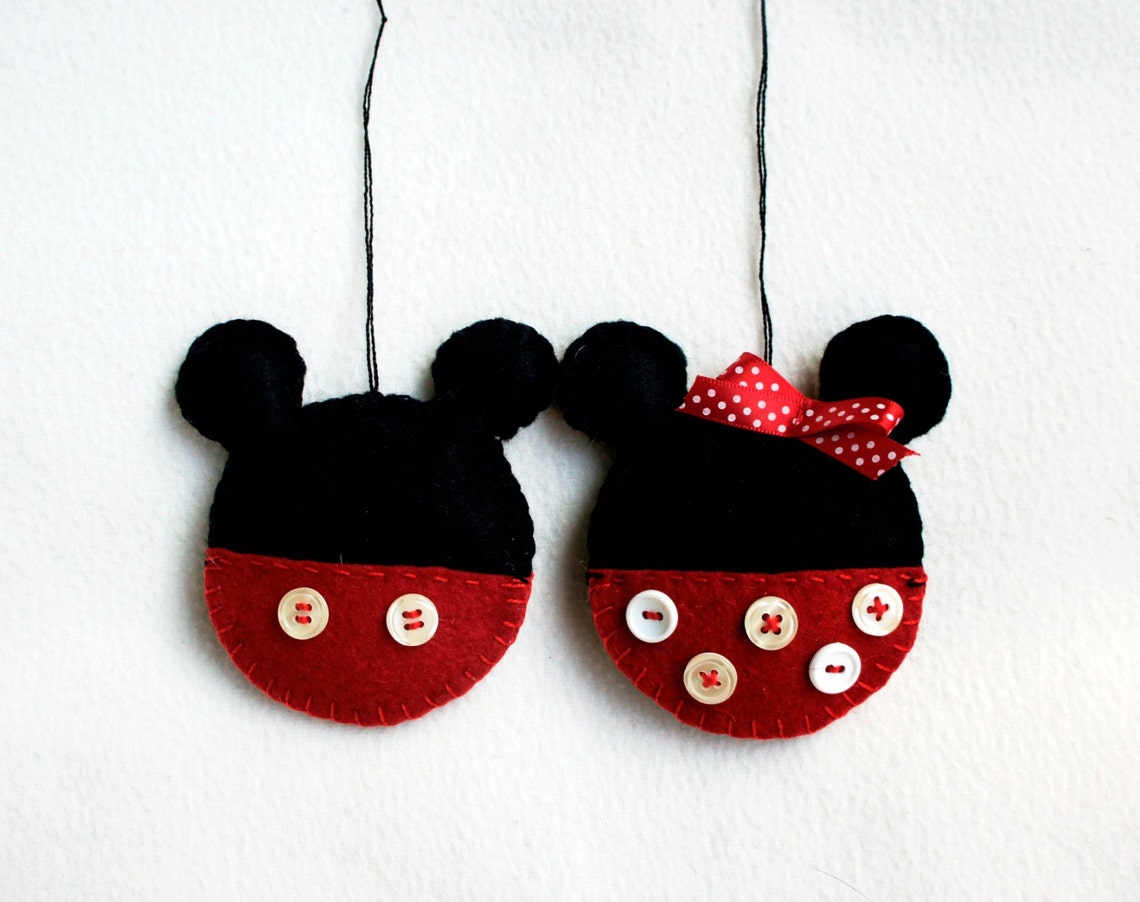 Mouse Girl and Boy Felt Ornament Set of 2 Handmade, Black Red Polka