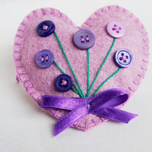 Heart ornament felt, set of 3, button flowers and lace, Valentine's day, violet, purple, pink, Christmas, Birthday, Wedding, , home decor image 3