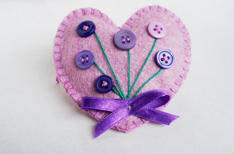 Heart ornament felt, set of 3, button flowers and lace, Valentine's day, violet, purple, pink, Christmas, Birthday, Wedding, , home decor image 3