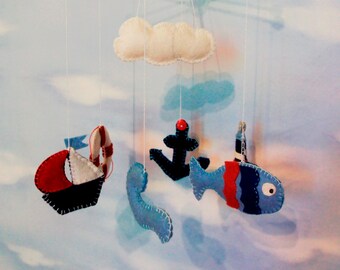 Baby Mobile nautical felt, Nursery Crib, Crib mobile, Nursery decoration, Nautical crib mobile with ships, lighthouse, fish, lifebelt, cloud