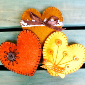 Heart ornament felt, set of 3, handmade, orange, yellow, brown, sunshine, summer, autumn, fall decor, Wedding, Christmas, Valentine's day image 1