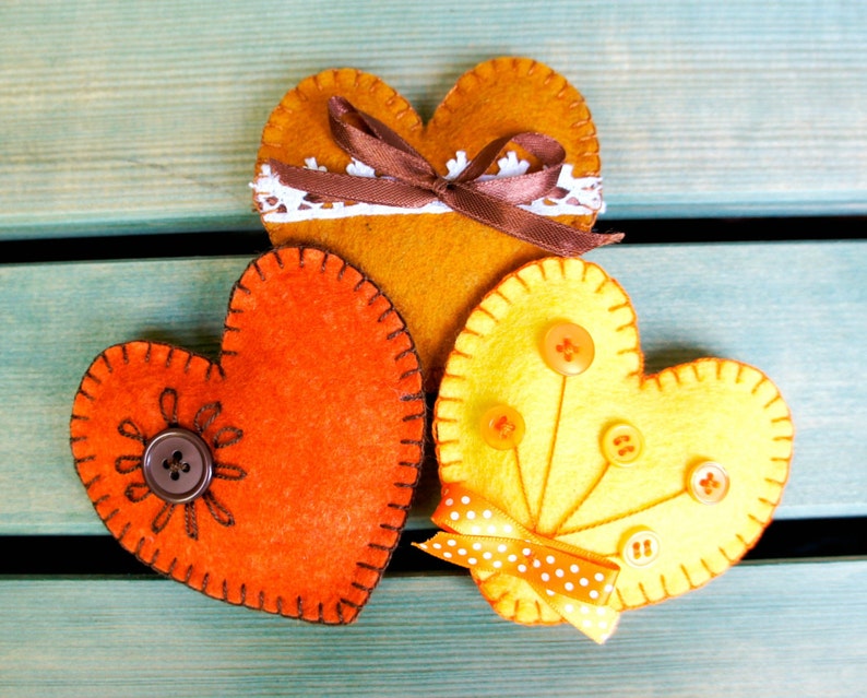 Heart ornament felt, set of 3, handmade, orange, yellow, brown, sunshine, summer, autumn, fall decor, Wedding, Christmas, Valentine's day image 1