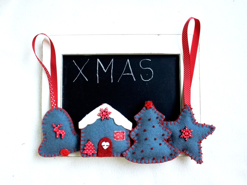 Christmas felt ornament, set of 4, red, grey, house, Christmas tree, star, bell, Christmas tree ornament, handmade, home decoration image 1