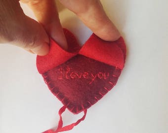 Red heart ornament  felt with secret message, I love you, Valentine's day, Mother's day gift,  Birthday gift, Wedding  decor, home decor