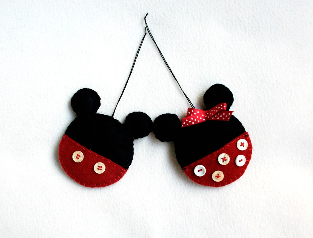 Mouse Girl and Boy Felt Ornament Set of 2 Handmade, Black Red Polka