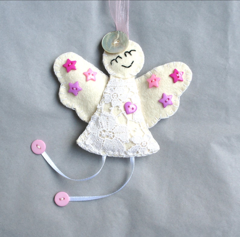 Christmas felt ornament, set of 4, lace, vintage, shabby elegance, white, pink, Christmas tree, angel, star, bell, Christmas tree ornament image 3